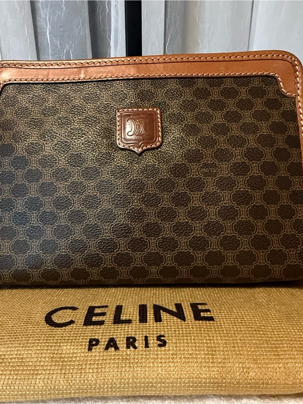 Vintage Celine Macadam Triomphe Monogram Clutch/Toiletry Pouch with Tan Trim